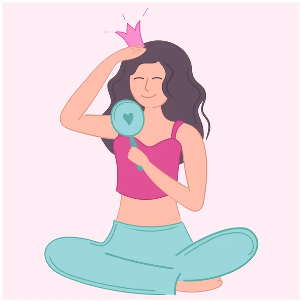Vector illustration girl self love admiring yourself in the mirror with crown. — Stock Vector
