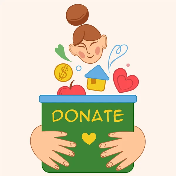 Vector illustration box with food, money hearts. Support for people. — Vettoriale Stock