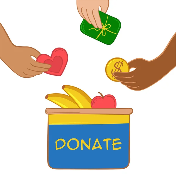 Vector illustration box with food, money hearts. Support for people. — Stock Vector