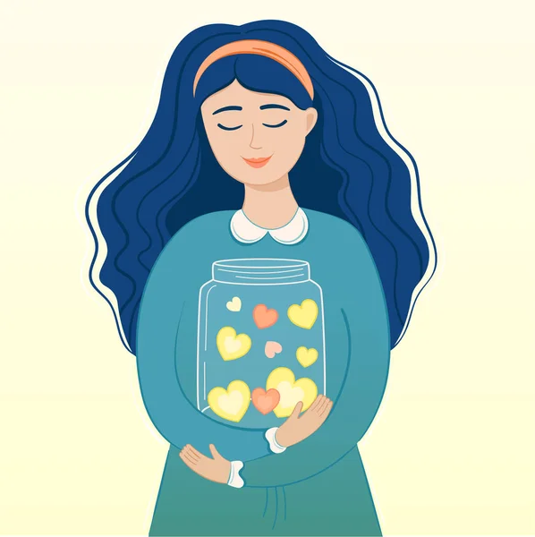 Vector illustration woman with jar with hearts. Help from volunteers with love — Stock Vector