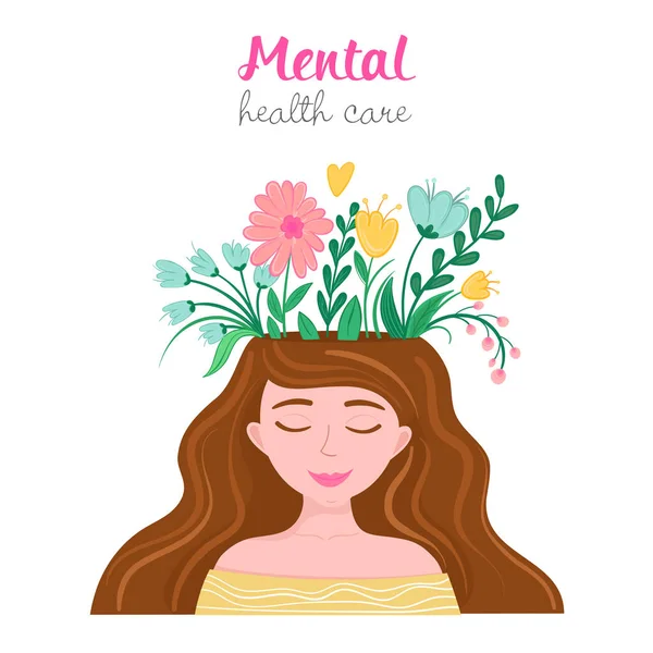 Ilustración vectorial cuidado de la salud mental. Mujer con flores de la cabeza. — Archivo Imágenes Vectoriales