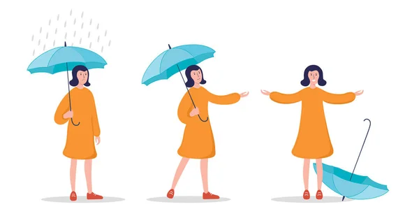 Vector illustration sad woman with umbrella under rain. Happy woman when rain ended. — Stock Vector