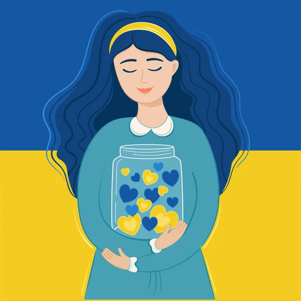 Mulher Ucraniana Com Bandeira Ucraniana Corações — Vetor de Stock