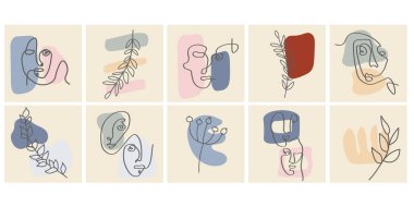 Yüzler, terk etmek ve soyut şekiller. Renk gruplarında çağdaş vektör çizimleri. Çizgi, minimalist zarif konsept. Sosyal medya, kartpostallar, kartpostallar için mükemmel.