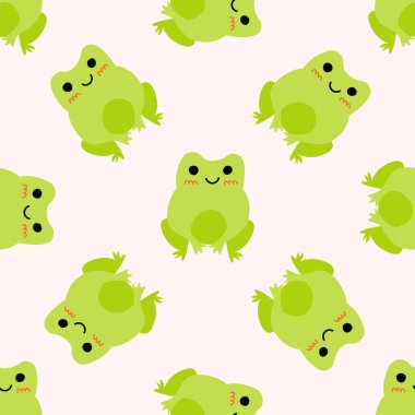 Cute smiling frogs with pink cheeks. Enamored green toads. Vector animal characters seamless pattern of amphibian toad drawing.Childish design for baby clothes, bedding, textiles, print, wallpaper. clipart