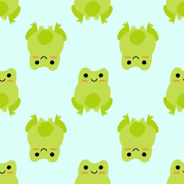 Pembe yanaklı sevimli gülümseyen kurbağalar. Sevilen yeşil kurbağalar. Vektör hayvan karakterleri amfibi kurbağa çiziminin kusursuz deseni. Bebek kıyafetleri, yatak örtüsü, tekstil, baskı, duvar kağıdı için çocuksu tasarım..