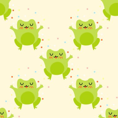 Konfetili sevimli çizgi film kurbağaları. Sevilen yeşil kurbağalar. Vektör hayvan karakterleri amfibi kurbağa çiziminin kusursuz deseni. Bebek kıyafetleri, yatak örtüsü, tekstil, baskı, duvar kağıdı için çocuksu tasarım..