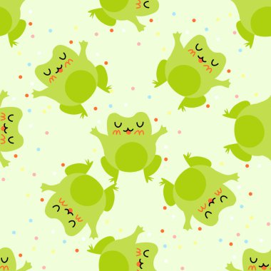 Konfetili sevimli çizgi film kurbağaları. Sevilen yeşil kurbağalar. Vektör hayvan karakterleri amfibi kurbağa çiziminin kusursuz deseni. Bebek kıyafetleri, yatak örtüsü, tekstil, baskı, duvar kağıdı için çocuksu tasarım..