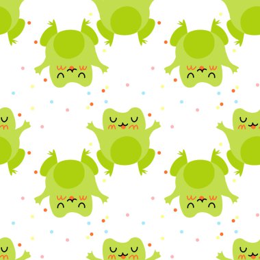 Konfetili sevimli çizgi film kurbağaları. Sevilen yeşil kurbağalar. Vektör hayvan karakterleri amfibi kurbağa çiziminin kusursuz deseni. Bebek kıyafetleri, yatak örtüsü, tekstil, baskı, duvar kağıdı için çocuksu tasarım..