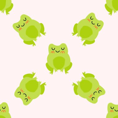 Pembe yanaklı sevimli gülümseyen kurbağalar. Sevilen yeşil kurbağalar. Vektör hayvan karakterleri amfibi kurbağa çiziminin kusursuz deseni. Bebek kıyafetleri, yatak örtüsü, tekstil, baskı, duvar kağıdı için çocuksu tasarım..