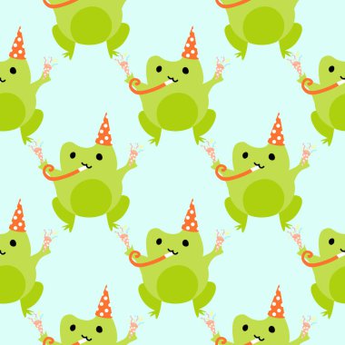 Serpantinli parti meraklısı şirin kurbağalar. Sevilen yeşil kurbağalar. Vektör hayvan karakterleri amfibi kurbağa çiziminin kusursuz deseni. Bebek kıyafetleri, yatak örtüsü, tekstil için çocuksu tasarım..