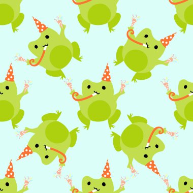 Serpantinli parti meraklısı şirin kurbağalar. Sevilen yeşil kurbağalar. Vektör hayvan karakterleri amfibi kurbağa çiziminin kusursuz deseni. Bebek kıyafetleri, yatak örtüsü, tekstil için çocuksu tasarım..
