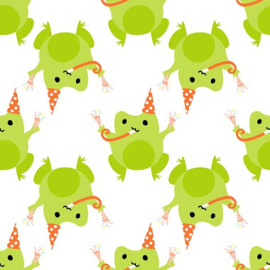 Serpantinli parti meraklısı şirin kurbağalar. Sevilen yeşil kurbağalar. Vektör hayvan karakterleri amfibi kurbağa çiziminin kusursuz deseni. Bebek kıyafetleri, yatak örtüsü, tekstil için çocuksu tasarım..