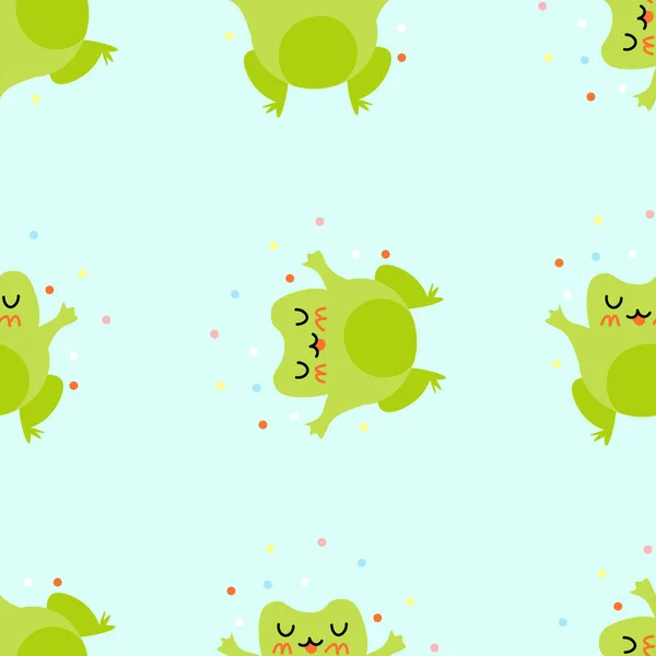 かわいいカエルとコンフェッティ 緑のヒキガエルの風味 両生類のヒキガエルの描画のベクトル動物の文字シームレスなパターン ベビー服 壁紙のための子供のデザイン — ストックベクタ