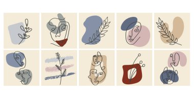 Yüzler, terk etmek ve soyut şekiller. Renk gruplarında çağdaş vektör çizimleri. Çizgi, minimalist zarif konsept. Sosyal medya, kartpostallar, kartpostallar için mükemmel.