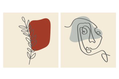 Yüzler, terk etmek ve soyut şekiller. Renk gruplarında çağdaş vektör çizimleri. Çizgi, minimalist zarif konsept. Sosyal medya, kartpostallar, kartpostallar için mükemmel.