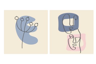 Yüzler, terk etmek ve soyut şekiller. Renk gruplarında çağdaş vektör çizimleri. Çizgi, minimalist zarif konsept. Sosyal medya, kartpostallar, kartpostallar için mükemmel.