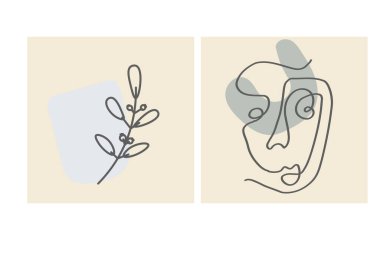 Yüzler, terk etmek ve soyut şekiller. Renk gruplarında çağdaş vektör çizimleri. Çizgi, minimalist zarif konsept. Sosyal medya, kartpostallar, kartpostallar için mükemmel.