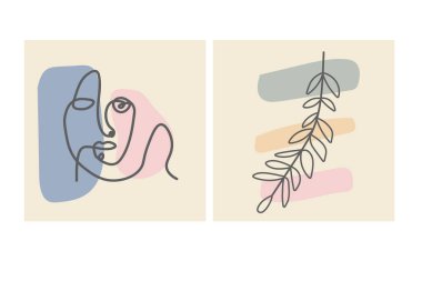 Yüzler, terk etmek ve soyut şekiller. Renk gruplarında çağdaş vektör çizimleri. Çizgi, minimalist zarif konsept. Sosyal medya, kartpostallar, kartpostallar için mükemmel.