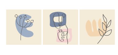 Yüzler, terk etmek ve soyut şekiller. Renk gruplarında çağdaş vektör çizimleri. Çizgi, minimalist zarif konsept. Sosyal medya, kartpostallar, kartpostallar için mükemmel.