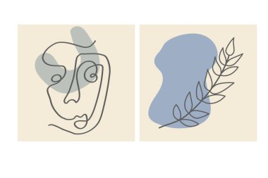 Yüzler, terk etmek ve soyut şekiller. Renk gruplarında çağdaş vektör çizimleri. Çizgi, minimalist zarif konsept. Sosyal medya, kartpostallar, kartpostallar için mükemmel.