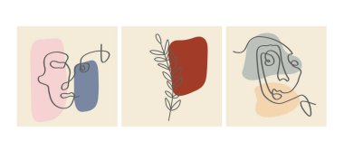 Yüzler, terk etmek ve soyut şekiller. Renk gruplarında çağdaş vektör çizimleri. Çizgi, minimalist zarif konsept. Sosyal medya, kartpostallar, kartpostallar için mükemmel.