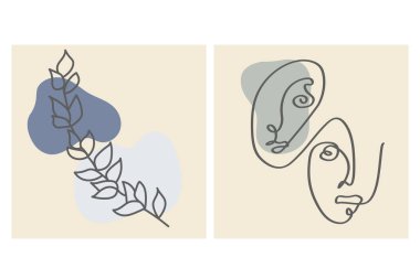 Yüzler, terk etmek ve soyut şekiller. Renk gruplarında çağdaş vektör çizimleri. Çizgi, minimalist zarif konsept. Sosyal medya, kartpostallar, kartpostallar için mükemmel.