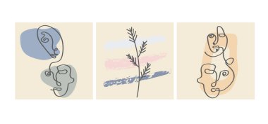 Yüzler, terk etmek ve soyut şekiller. Renk gruplarında çağdaş vektör çizimleri. Çizgi, minimalist zarif konsept. Sosyal medya, kartpostallar, kartpostallar için mükemmel.