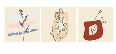 Yüzler, terk etmek ve soyut şekiller. Renk gruplarında çağdaş vektör çizimleri. Çizgi, minimalist zarif konsept. Sosyal medya, kartpostallar, kartpostallar için mükemmel.