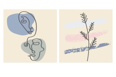 Yüzler, terk etmek ve soyut şekiller. Renk gruplarında çağdaş vektör çizimleri. Çizgi, minimalist zarif konsept. Sosyal medya, kartpostallar, kartpostallar için mükemmel.