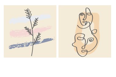 Yüzler, terk etmek ve soyut şekiller. Renk gruplarında çağdaş vektör çizimleri. Çizgi, minimalist zarif konsept. Sosyal medya, kartpostallar, kartpostallar için mükemmel.