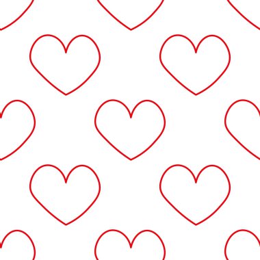 Kırmızı kalpler hizada. Kusursuz romantik model. Beyaz vektör arka planında renkli karalama kalpler. Tasarım, kartpostallar, baskı, poster, parti, Sevgililer Günü, klasik tekstil için hazır şablon.