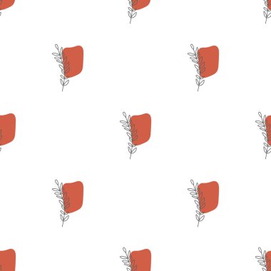 Yaprakları ve soyut şekilleri olan kusursuz bir desen. Soyut Minimalist Sanat. Tatlı çocuk yuvası arka planı tekrarlıyor. Tekstil ya da kağıda yazdırmak için boho biçimi tasarla.