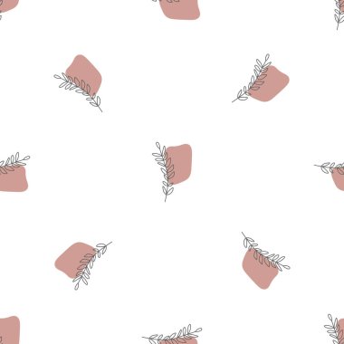 Yaprakları ve soyut şekilleri olan kusursuz bir desen. Soyut Minimalist Sanat. Tatlı çocuk yuvası arka planı tekrarlıyor. Tekstil ya da kağıda yazdırmak için boho biçimi tasarla.