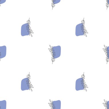 Yaprakları ve soyut şekilleri olan kusursuz bir desen. Soyut Minimalist Sanat. Tatlı çocuk yuvası arka planı tekrarlıyor. Tekstil ya da kağıda yazdırmak için boho biçimi tasarla.