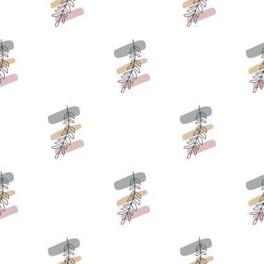 Yaprakları ve soyut şekilleri olan kusursuz bir desen. Soyut Minimalist Sanat. Tatlı çocuk yuvası arka planı tekrarlıyor. Tekstil ya da kağıda yazdırmak için boho biçimi tasarla.