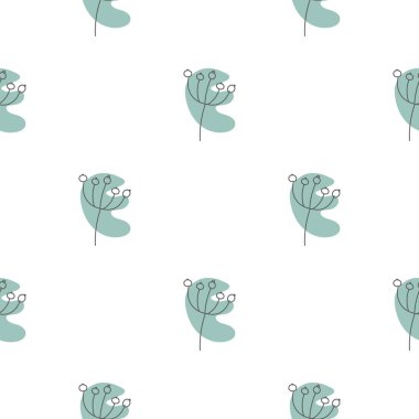 Yaprakları ve soyut şekilleri olan kusursuz bir desen. Soyut Minimalist Sanat. Tatlı çocuk yuvası arka planı tekrarlıyor. Tekstil ya da kağıda yazdırmak için boho biçimi tasarla.
