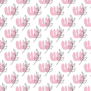 Yaprakları ve soyut şekilleri olan kusursuz bir desen. Soyut Minimalist Sanat. Tatlı çocuk yuvası arka planı tekrarlıyor. Tekstil ya da kağıda yazdırmak için boho biçimi tasarla.