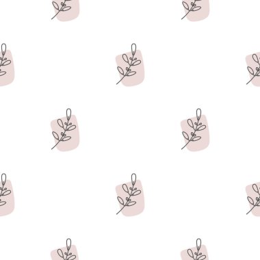Yaprakları ve soyut şekilleri olan kusursuz bir desen. Soyut Minimalist Sanat. Tatlı çocuk yuvası arka planı tekrarlıyor. Tekstil ya da kağıda yazdırmak için boho biçimi tasarla.