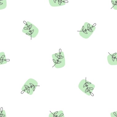 Yaprakları ve soyut şekilleri olan kusursuz bir desen. Soyut Minimalist Sanat. Tatlı çocuk yuvası arka planı tekrarlıyor. Tekstil ya da kağıda yazdırmak için boho biçimi tasarla.