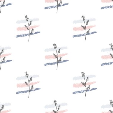 Yaprakları ve soyut şekilleri olan kusursuz bir desen. Soyut Minimalist Sanat. Tatlı çocuk yuvası arka planı tekrarlıyor. Tekstil ya da kağıda yazdırmak için boho biçimi tasarla.