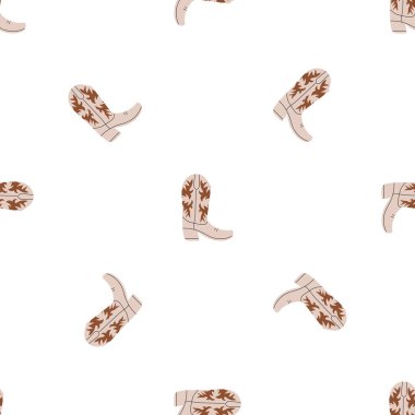 Süssüz desenli kovboy çizmeleri. Vahşi batı teması. Beyaz arkaplanda elle çizilmiş moda vektör çizimi