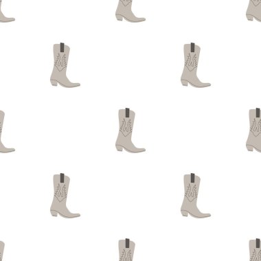 Süssüz desenli kovboy çizmeleri. Vahşi batı teması. Beyaz arkaplanda elle çizilmiş moda vektör çizimi