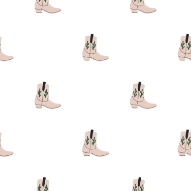 Süssüz desenli kovboy çizmeleri. Vahşi batı teması. Beyaz arkaplanda elle çizilmiş moda vektör çizimi