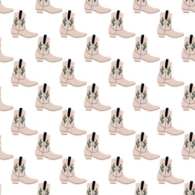 Süssüz desenli kovboy çizmeleri. Vahşi batı teması. Beyaz arkaplanda elle çizilmiş moda vektör çizimi
