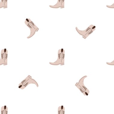 Süssüz desenli kovboy çizmeleri. Vahşi batı teması. Beyaz arkaplanda elle çizilmiş moda vektör çizimi
