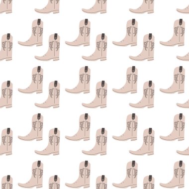 Süssüz desenli kovboy çizmeleri. Vahşi batı teması. Beyaz arkaplanda elle çizilmiş moda vektör çizimi