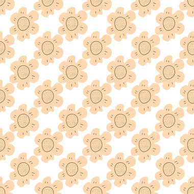 Çiçekli, dikişsiz vektör deseni. Bahar bitkisi. Basit bir el çizimi çocuk tarzı. Kumaş, tekstil ve duvar kâğıdı için oldukça kalitesiz. Beyaz arkaplanda dijital kağıt