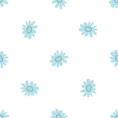 Çiçekli, dikişsiz vektör deseni. Bahar bitkisi. Basit bir el çizimi çocuk tarzı. Kumaş, tekstil ve duvar kâğıdı için oldukça kalitesiz. Beyaz arkaplanda dijital kağıt