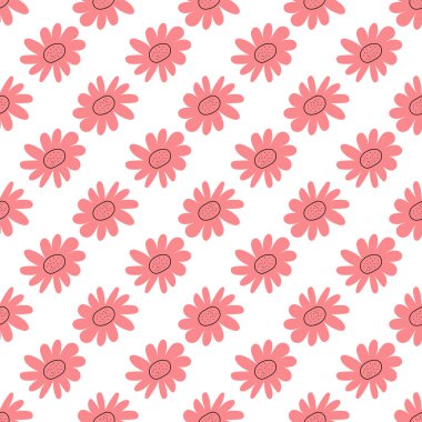 Çiçekli, dikişsiz vektör deseni. Bahar bitkisi. Basit bir el çizimi çocuk tarzı. Kumaş, tekstil ve duvar kâğıdı için oldukça kalitesiz. Beyaz arkaplanda dijital kağıt
